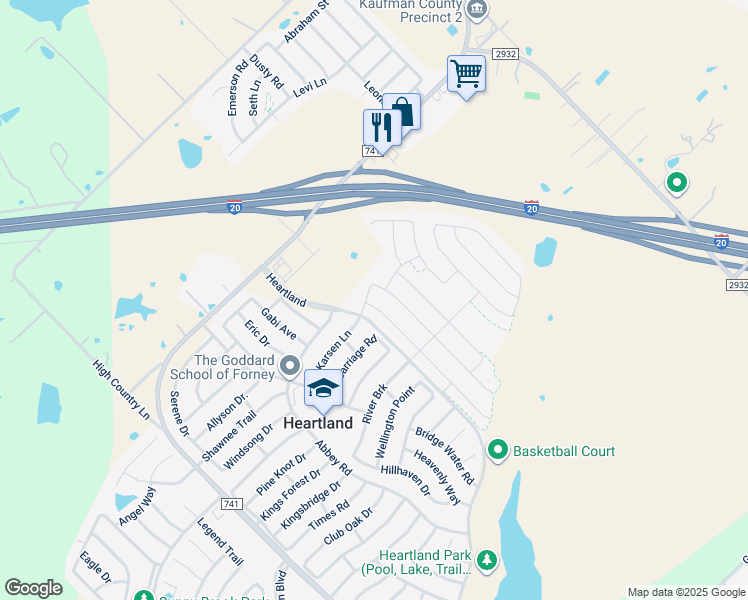 map of restaurants, bars, coffee shops, grocery stores, and more near 2036 Carriage Road in Forney