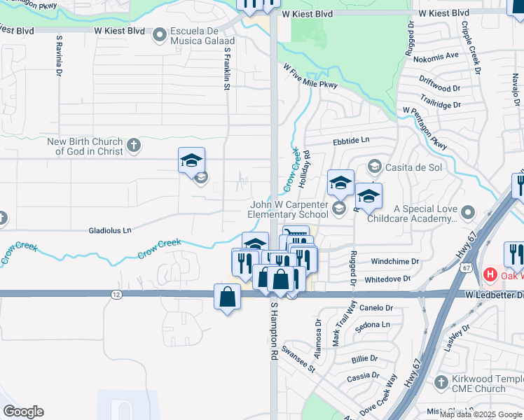 map of restaurants, bars, coffee shops, grocery stores, and more near 3918 Pyka Drive in Dallas