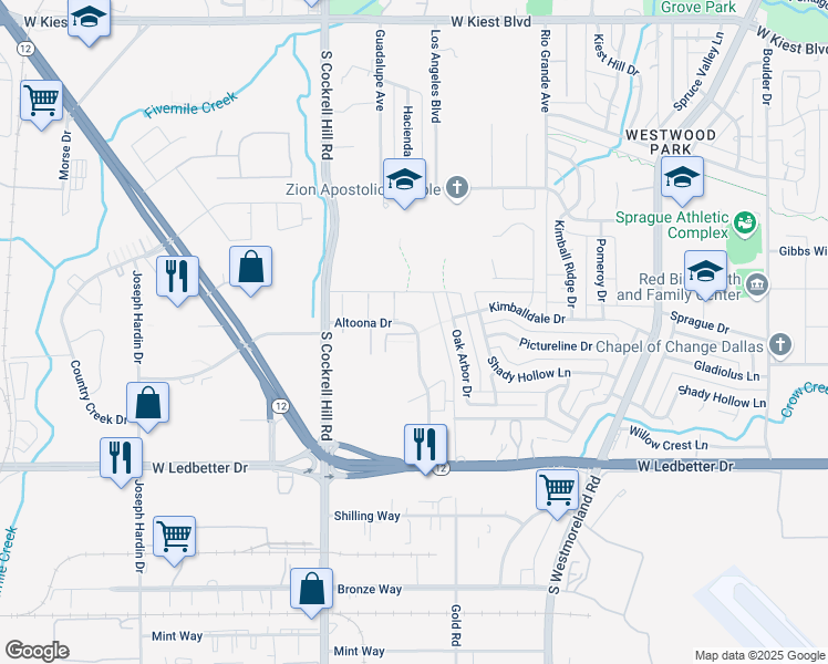 map of restaurants, bars, coffee shops, grocery stores, and more near 4047 Altoona Drive in Dallas