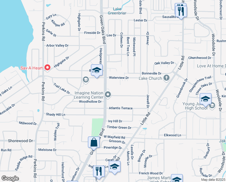 map of restaurants, bars, coffee shops, grocery stores, and more near 3033 West Green Oaks Boulevard in Arlington