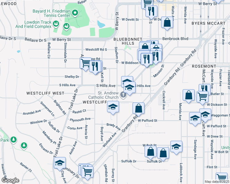 map of restaurants, bars, coffee shops, grocery stores, and more near 3201 South Hills Avenue in Fort Worth