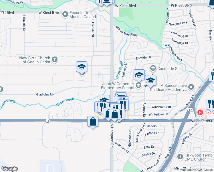 map of restaurants, bars, coffee shops, grocery stores, and more near 3918 Pyka Drive in Dallas