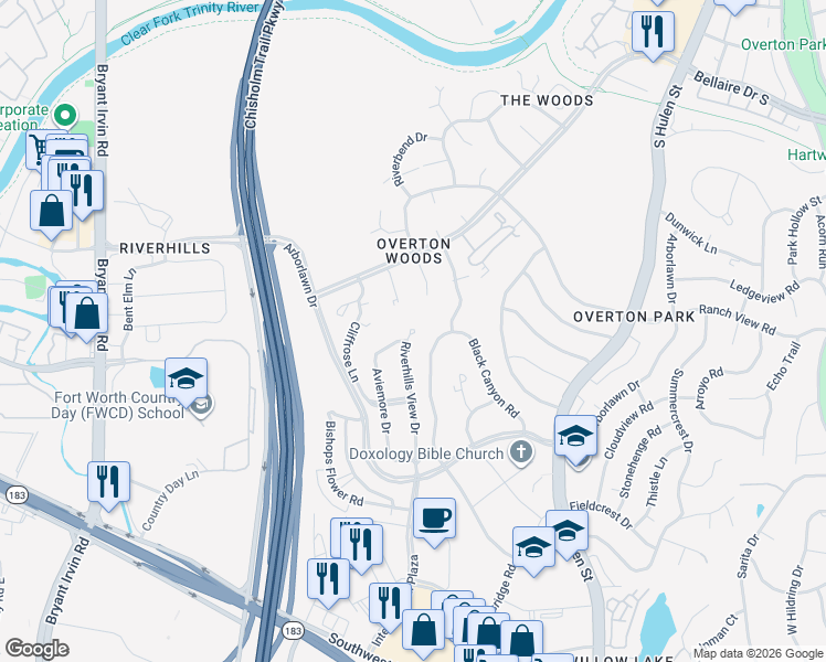 map of restaurants, bars, coffee shops, grocery stores, and more near 3703 Riverhills View Drive in Fort Worth