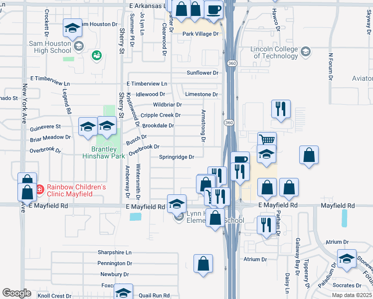 map of restaurants, bars, coffee shops, grocery stores, and more near 2408 Overbrook Dr in Arlington