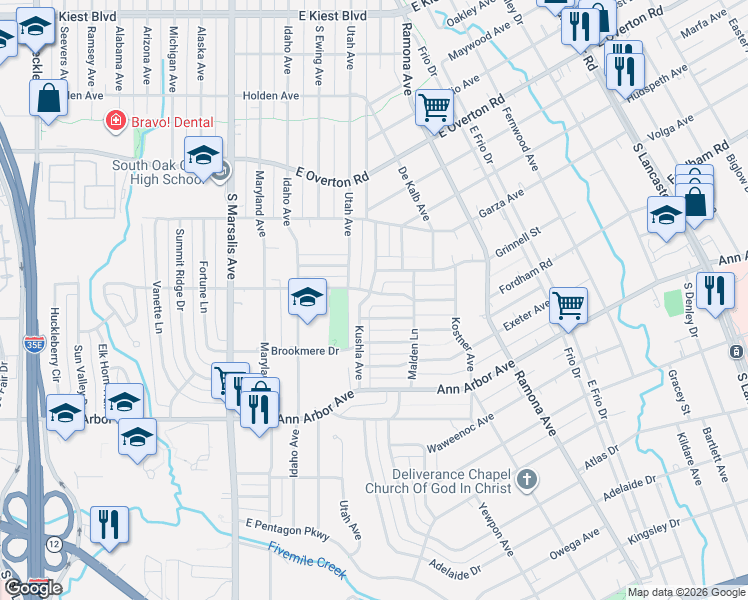 map of restaurants, bars, coffee shops, grocery stores, and more near 1204 Fordham Rd in Dallas