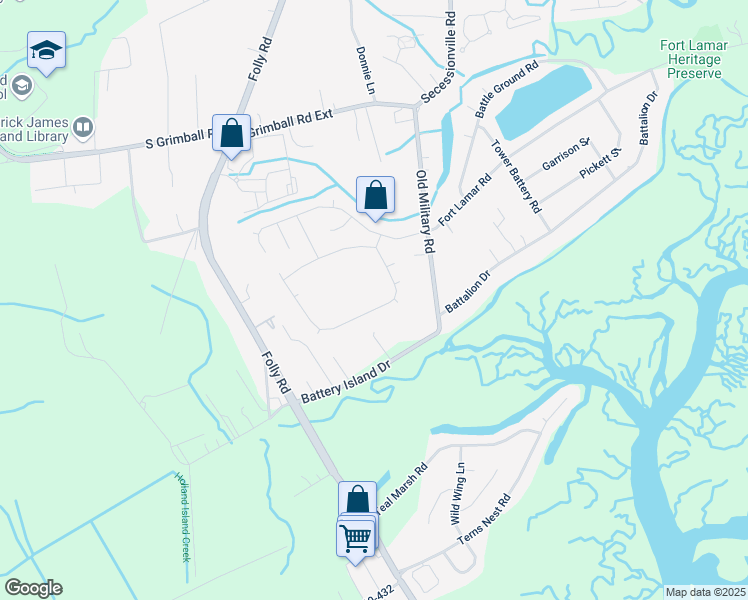 map of restaurants, bars, coffee shops, grocery stores, and more near 1050 Clearspring Drive in Charleston