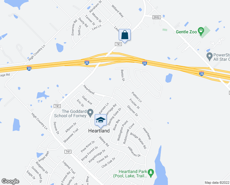 map of restaurants, bars, coffee shops, grocery stores, and more near 2036 Carriage Road in Forney