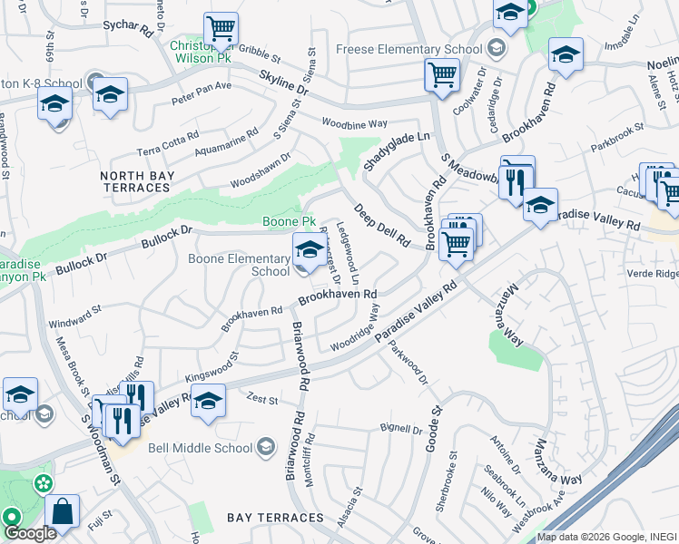 map of restaurants, bars, coffee shops, grocery stores, and more near 62 Ledgewood Lane in San Diego