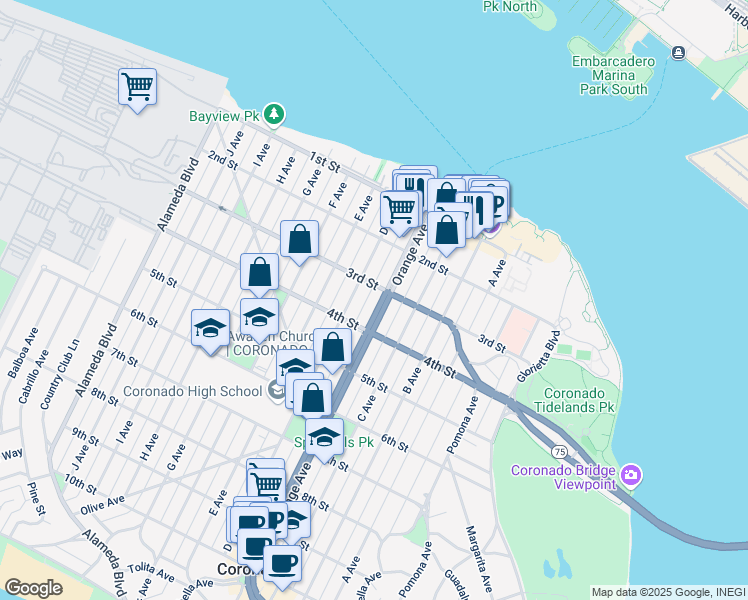 map of restaurants, bars, coffee shops, grocery stores, and more near 301 Orange Avenue in Coronado