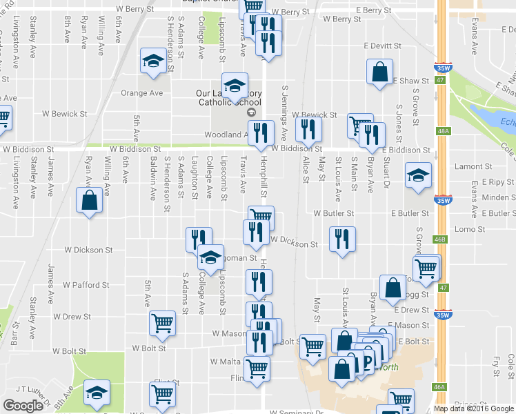 map of restaurants, bars, coffee shops, grocery stores, and more near 3636 Hemphill Street in Fort Worth