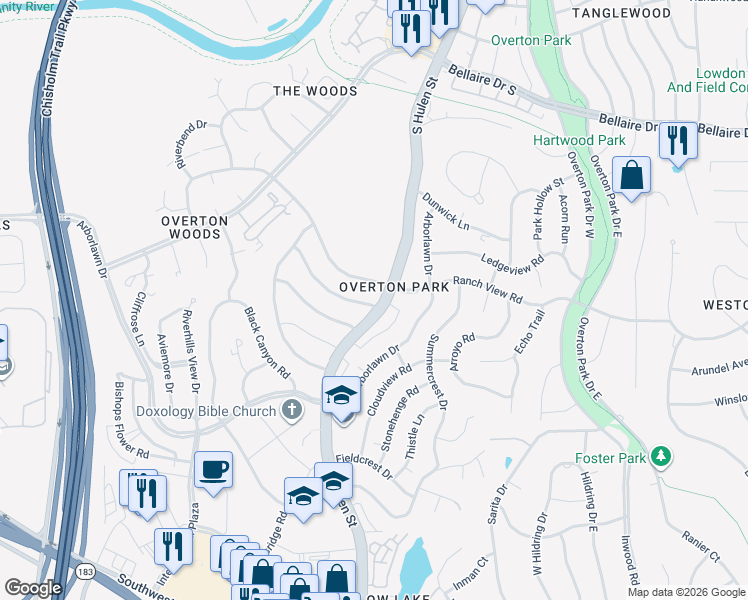 map of restaurants, bars, coffee shops, grocery stores, and more near 4600 Boulder Run in Fort Worth