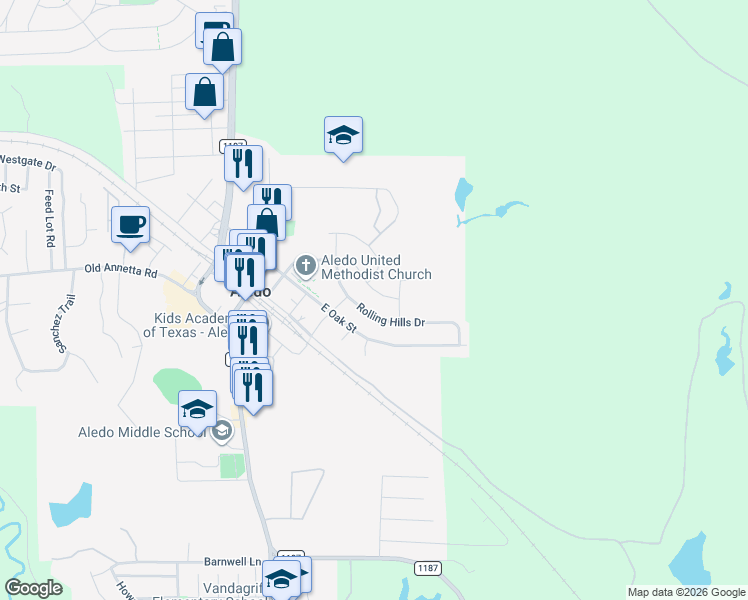 map of restaurants, bars, coffee shops, grocery stores, and more near 413 Rolling Hills Drive in Aledo