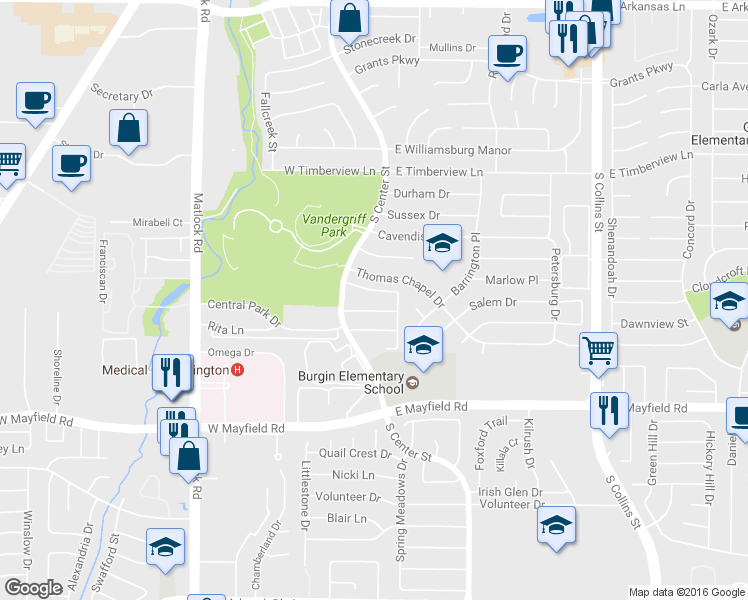 map of restaurants, bars, coffee shops, grocery stores, and more near 3001 South Center Street in Arlington