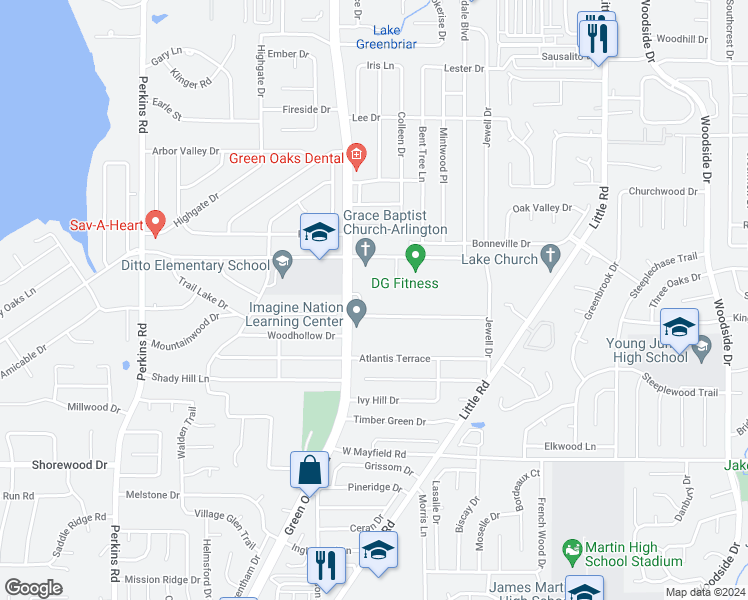 map of restaurants, bars, coffee shops, grocery stores, and more near 3033 West Green Oaks Boulevard in Arlington