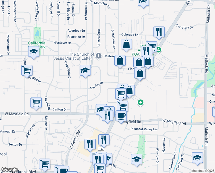map of restaurants, bars, coffee shops, grocery stores, and more near 1311 Westador Drive North in Arlington