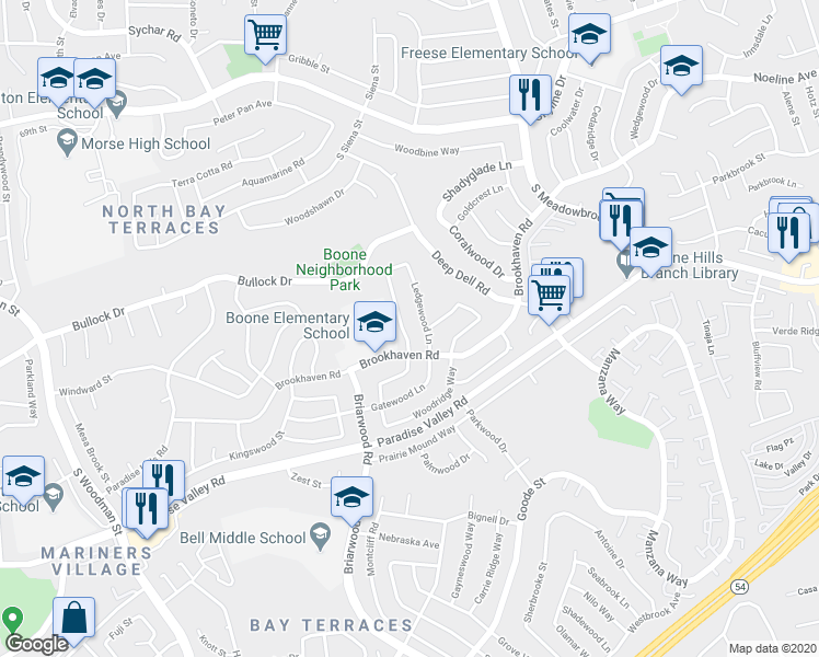 map of restaurants, bars, coffee shops, grocery stores, and more near 351 Ridgecrest Drive in San Diego
