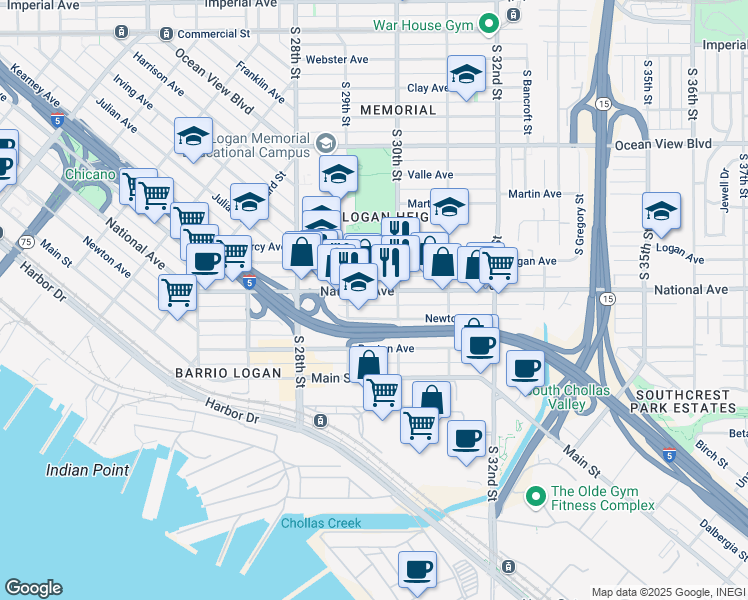map of restaurants, bars, coffee shops, grocery stores, and more near 2951 National Avenue in San Diego