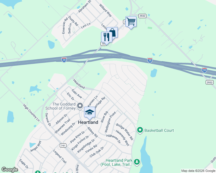 map of restaurants, bars, coffee shops, grocery stores, and more near 2036 Carriage Road in Forney