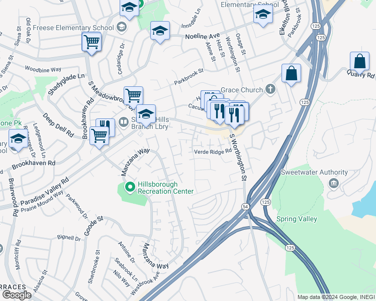 map of restaurants, bars, coffee shops, grocery stores, and more near 8233 Warmwood Avenue in Spring Valley