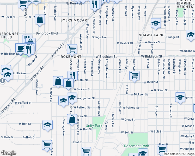 map of restaurants, bars, coffee shops, grocery stores, and more near 3624 Gordon Avenue in Fort Worth