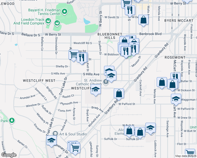 map of restaurants, bars, coffee shops, grocery stores, and more near 3201 South Hills Avenue in Fort Worth