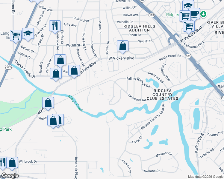 map of restaurants, bars, coffee shops, grocery stores, and more near 7251 Valley Dale Court in Benbrook