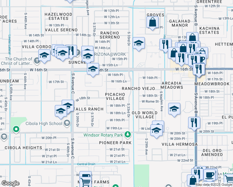 map of restaurants, bars, coffee shops, grocery stores, and more near 1753 35th Avenue in Yuma