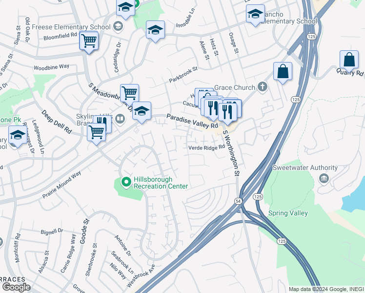 map of restaurants, bars, coffee shops, grocery stores, and more near 8233 Warmwood Avenue in Spring Valley