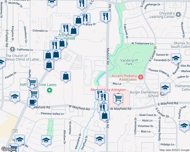 map of restaurants, bars, coffee shops, grocery stores, and more near 3006 Franciscan Drive in Arlington