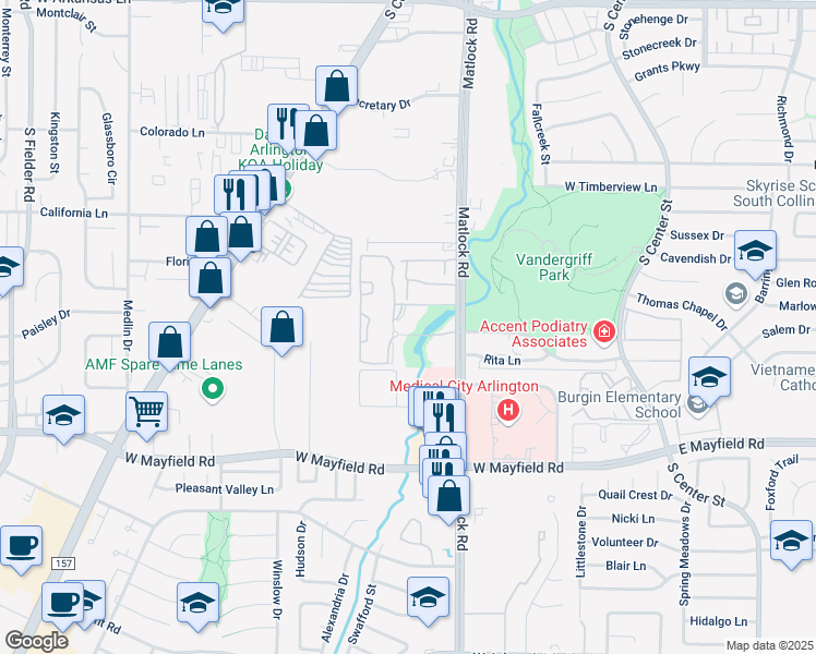 map of restaurants, bars, coffee shops, grocery stores, and more near 3006 Franciscan Drive in Arlington