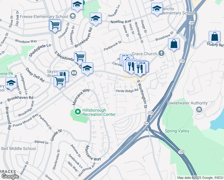 map of restaurants, bars, coffee shops, grocery stores, and more near 502 Bluffview Road in Spring Valley
