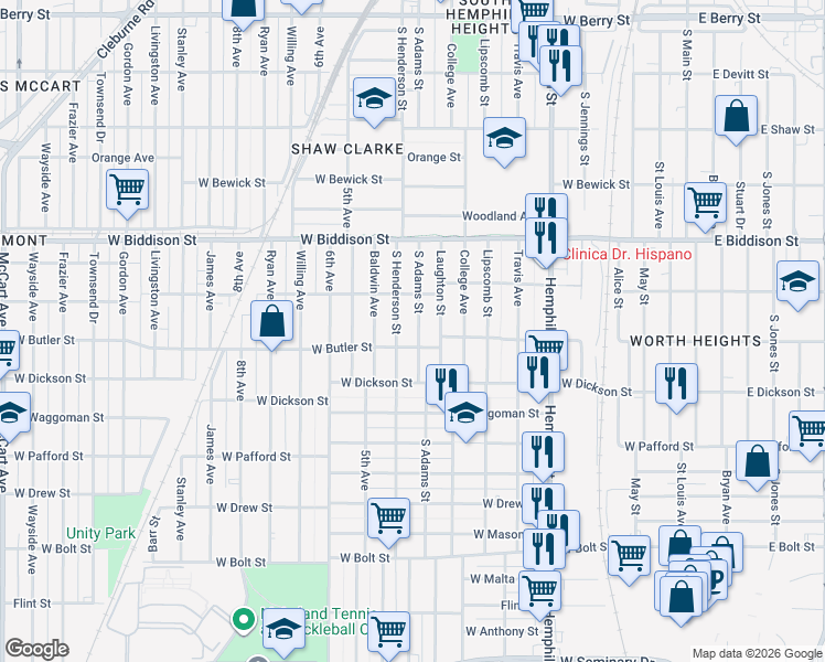 map of restaurants, bars, coffee shops, grocery stores, and more near 3637 South Adams Street in Fort Worth