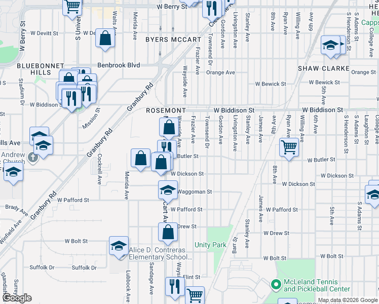 map of restaurants, bars, coffee shops, grocery stores, and more near 3629 Wayside Avenue in Fort Worth