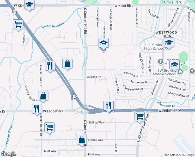 map of restaurants, bars, coffee shops, grocery stores, and more near 3969 Altoona Drive in Dallas