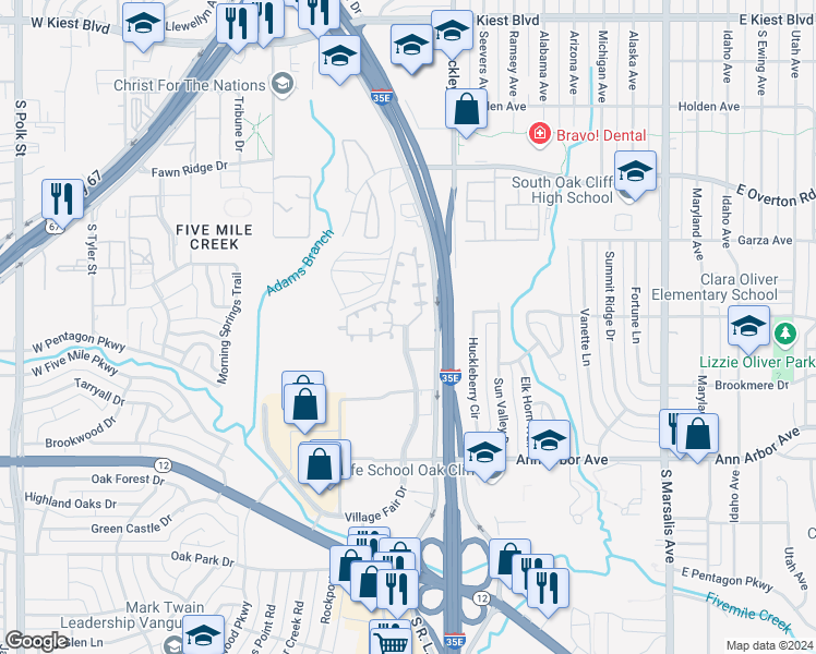 map of restaurants, bars, coffee shops, grocery stores, and more near 5166 Village Fair Drive in Dallas