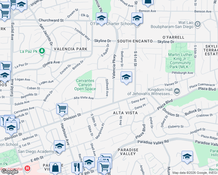 map of restaurants, bars, coffee shops, grocery stores, and more near 1030 Valencia Parkway in San Diego