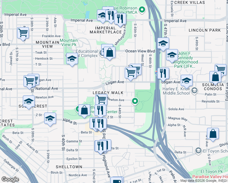map of restaurants, bars, coffee shops, grocery stores, and more near 39 South 44th Street in San Diego