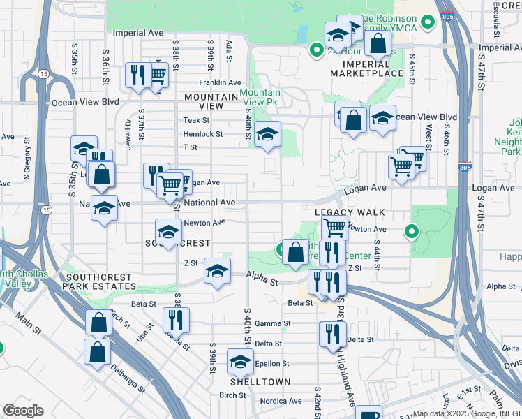 map of restaurants, bars, coffee shops, grocery stores, and more near 1029 South 40th Street in San Diego