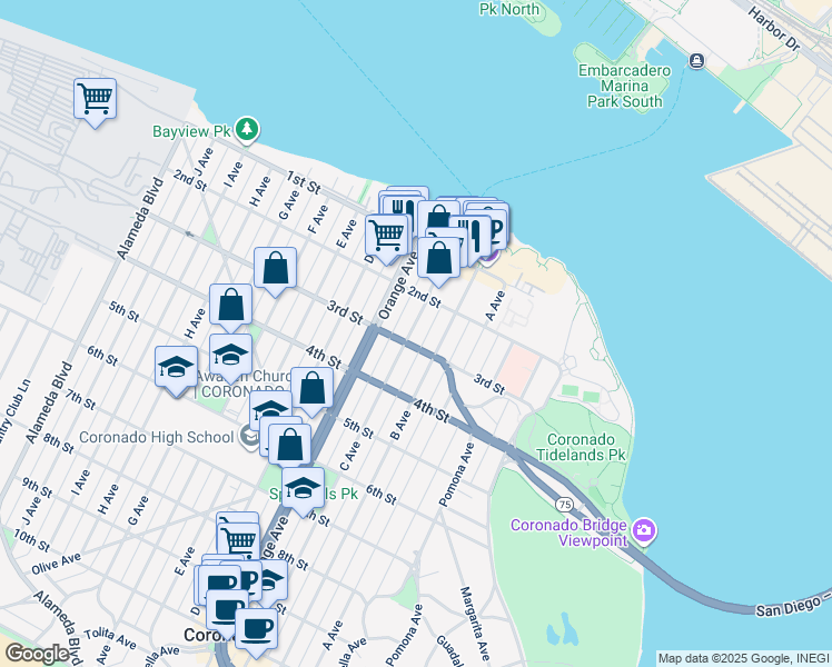 map of restaurants, bars, coffee shops, grocery stores, and more near 277 C Avenue in Coronado