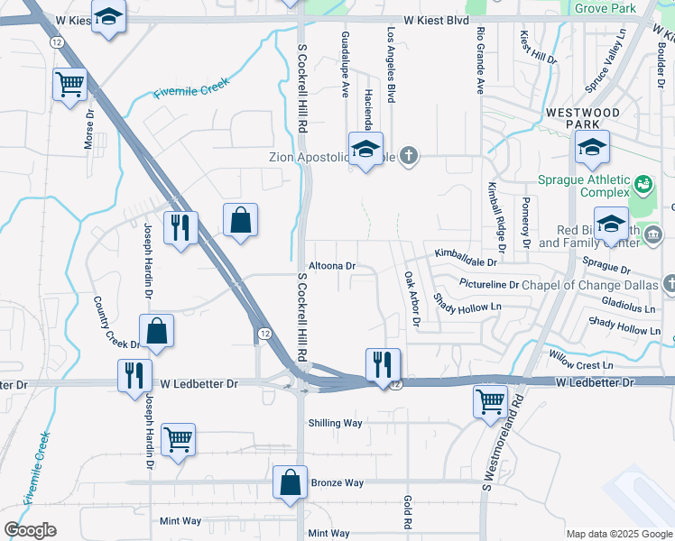 map of restaurants, bars, coffee shops, grocery stores, and more near 3969 Altoona Drive in Dallas