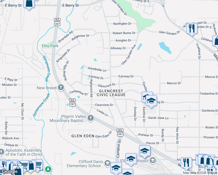 map of restaurants, bars, coffee shops, grocery stores, and more near 2328 Glencrest Drive in Fort Worth