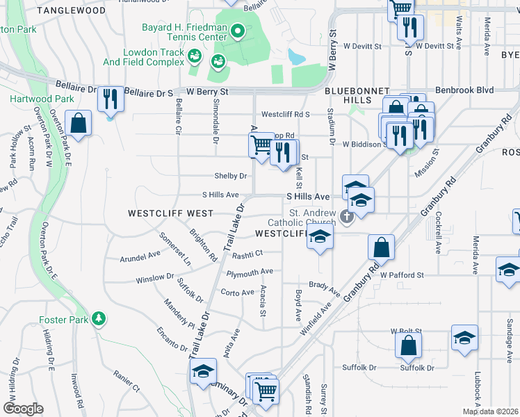 map of restaurants, bars, coffee shops, grocery stores, and more near 3566 Norfolk Road in Fort Worth