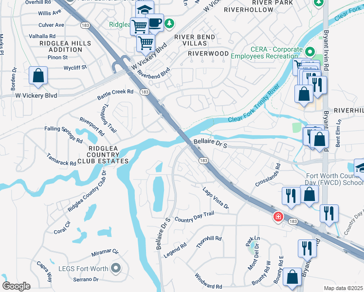 map of restaurants, bars, coffee shops, grocery stores, and more near 5808 Highland Park Drive in Benbrook