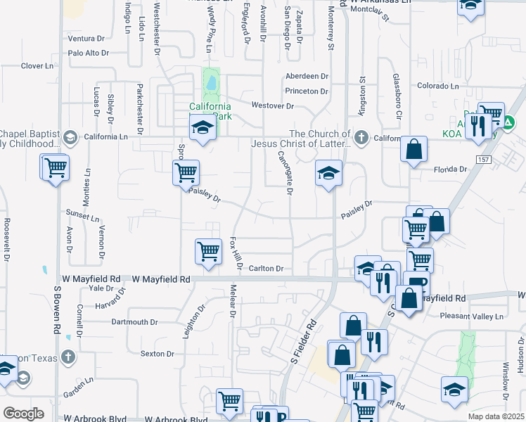 map of restaurants, bars, coffee shops, grocery stores, and more near 1711 Paisley Drive in Arlington
