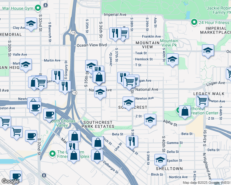 map of restaurants, bars, coffee shops, grocery stores, and more near 1021 Goodyear Street in San Diego