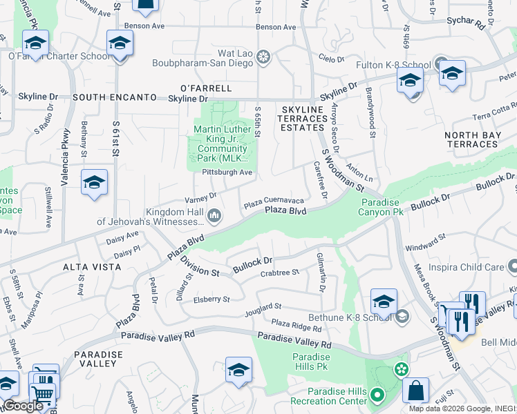 map of restaurants, bars, coffee shops, grocery stores, and more near 6351 Plaza Cuernavaca in San Diego