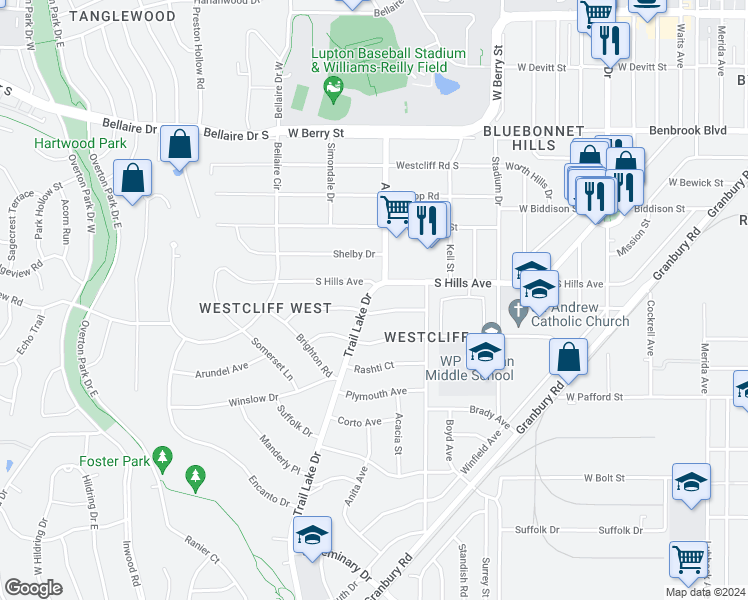 map of restaurants, bars, coffee shops, grocery stores, and more near 3615 Trail Lake Drive in Fort Worth