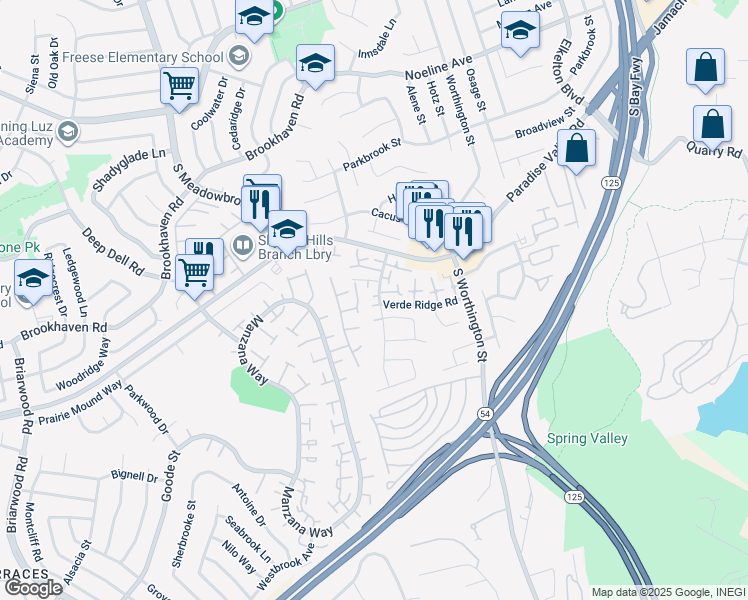 map of restaurants, bars, coffee shops, grocery stores, and more near 502 Bluffview Road in Spring Valley