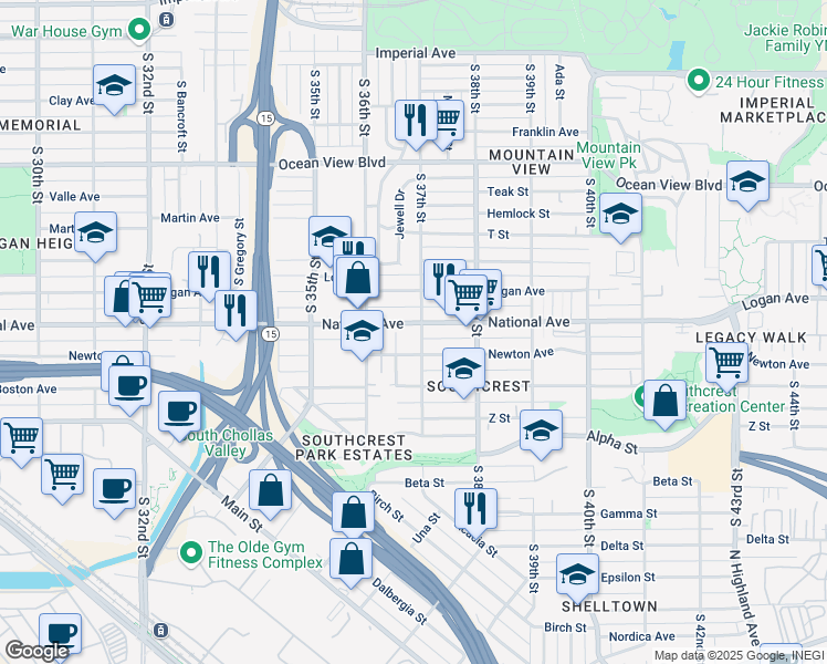 map of restaurants, bars, coffee shops, grocery stores, and more near 3691 National Avenue in San Diego