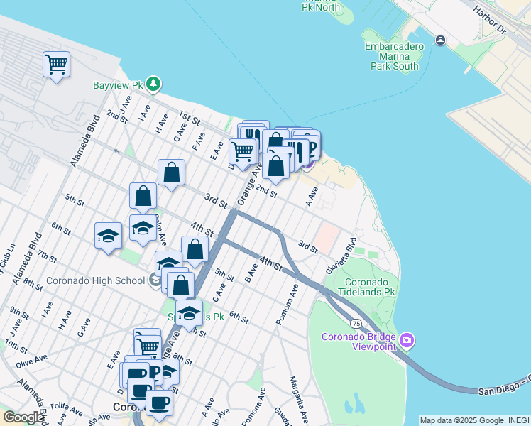 map of restaurants, bars, coffee shops, grocery stores, and more near 255 C Avenue in Coronado